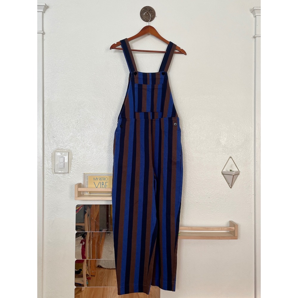 Thinking MU Striped Cotton Overalls Blue Brown Navy Bib Jumpsuit Small